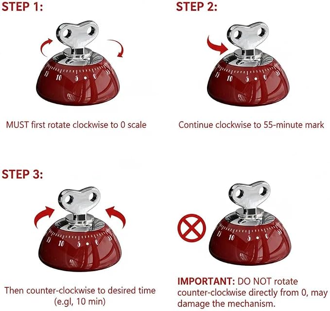 Retro Kitchen Timer Magnetic Mechanical 60 Minute Wind Up Timer No Batteries, Loud Alarm Timer for Cooking, Baking, Classroom, ABS Portable Kitchen Timer, Magnetic Mechanical Timing（Red ）