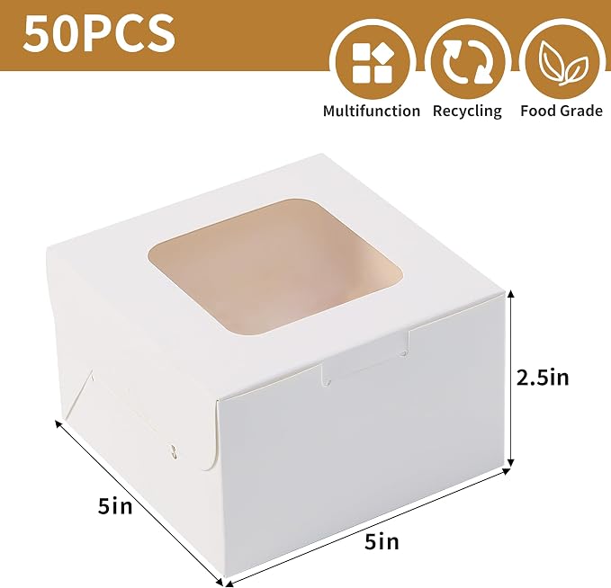 50pcs 5x5x2.5 Inches Cookie Boxes,White Bakery Boxes with Window,Small Treat Boxes,Mini Cake Boxes,for Pastry,Dessert,Cookies,Muffins,Donuts,Chocolate Covered Strawberries (5 * 5 * 2.5inch)