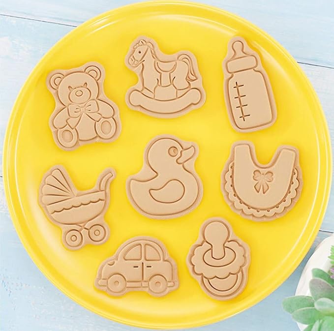 8 Pieces Cute Baby Shower Cookie Cutters Plastic Newborn party Cookie Stamps Cookie Mould Press Babies Shower Cookie Mould Set Baking Kitchen Tools