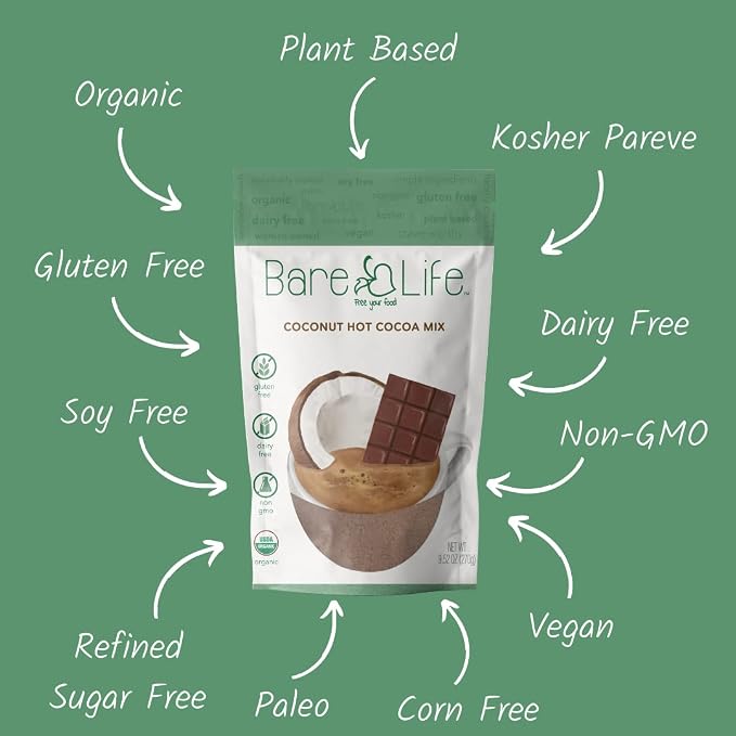Bare Life Organic Coconut Hot Cocoa Mix, Dairy Free Hot Cocoa Mix, Vegan Hot Chocolate Powder, Gluten Free, Kosher Pareve, Just Add Hot Water, 9.52 oz Pouch