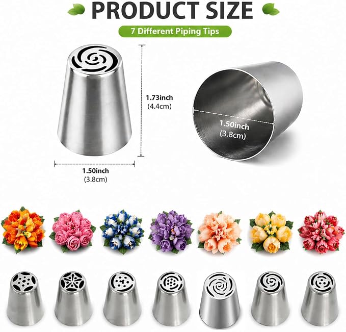 7 Pcs Large Russian Piping Tips Set, Stainless Steel Flower Frosting Nozzles, One-Press Cake Decorating Tips for Buttercream, Cupcakes, Cakes– Dishwasher Safe