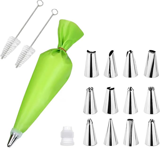 12Pcs Piping Tips and Piping Bag with Coupler Set Stainless Steel Cake Decorating Piping Tips for Cupcake Puff Cookie - 2Pcs Cleaning Brush
