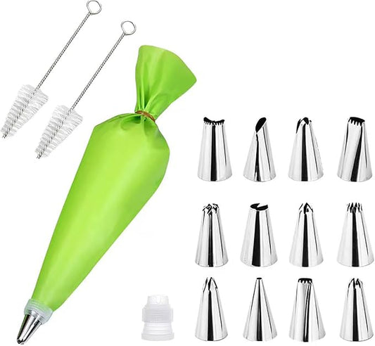 12Pcs Piping Tips and Piping Bag with Coupler Set Stainless Steel Cake Decorating Piping Tips for Cupcake Puff Cookie - 2Pcs Cleaning Brush