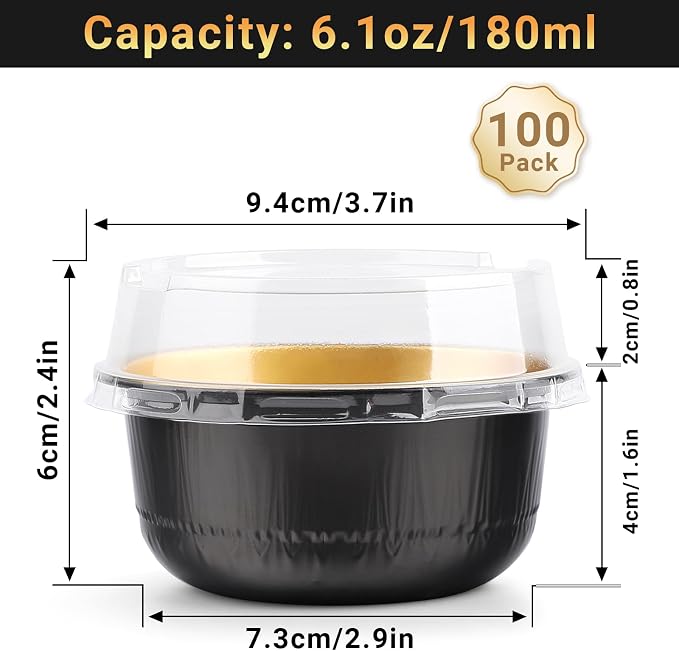 Beasea Aluminum Foil Ramekin Cups With Lids, 100 Pack 6.1oz 180ml Mini Disposable Foil Ramekins Aluminum Round Oven Baking Cupcake Cups for Party - Black Gold