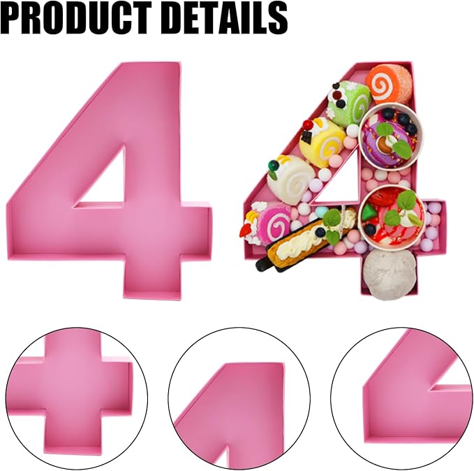 12inch Cardboard Number Fillable Food Tray Box for Charcuterie, Cupcake Arrangement,Birthday Anniversary (Pink 4)