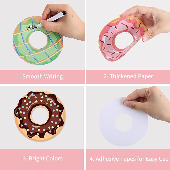 Vuzvuv 90Pcs 5In Doughnut Paper Cutouts with 180Pcs Glue Points,Doughnut Cut Outs Bulletin Board Decorations for Birthday Party Theme Decor Supplies