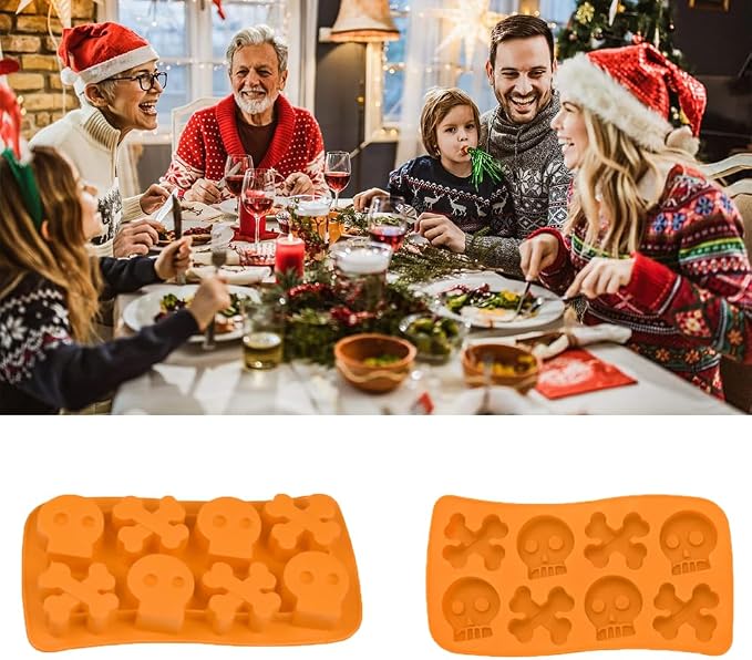 8 Cavities Silicone Cookies Biscuit Mold, Christmas Halloween Candy Mold, Reusable DIY Baking Mold Jelly Chocolate Mold, Ice Cube Tray Wax Melt Molds(Set of 2 Orange Skull)