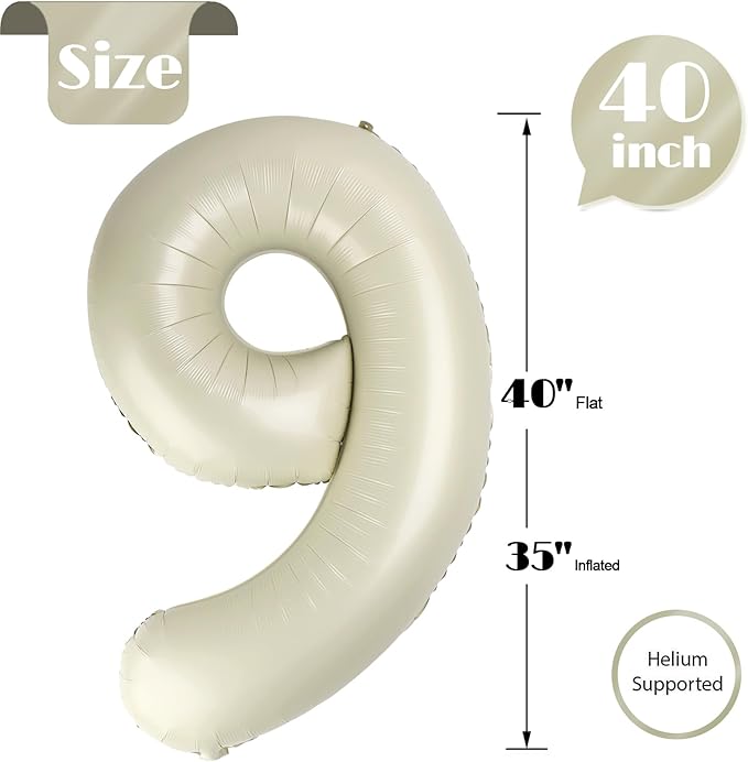Cream 9 Balloon, Number Balloons 40 Inch, Cream 9th Giant Birthday Decorations for Boys Girls, 19th 29th Party Decorations Supplies, Number 9 Balloon