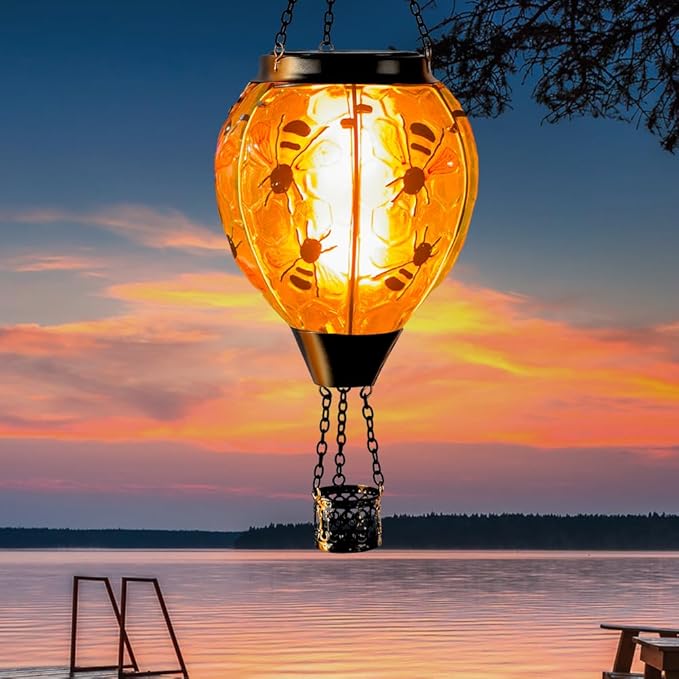 Starsoul Hot Air Balloon Solar Lantern Bee Glass Hanging Outdoor Hot Air Balloon Solar Flickering Flame Light Waterproof Garden Patio Yard Party Decorations