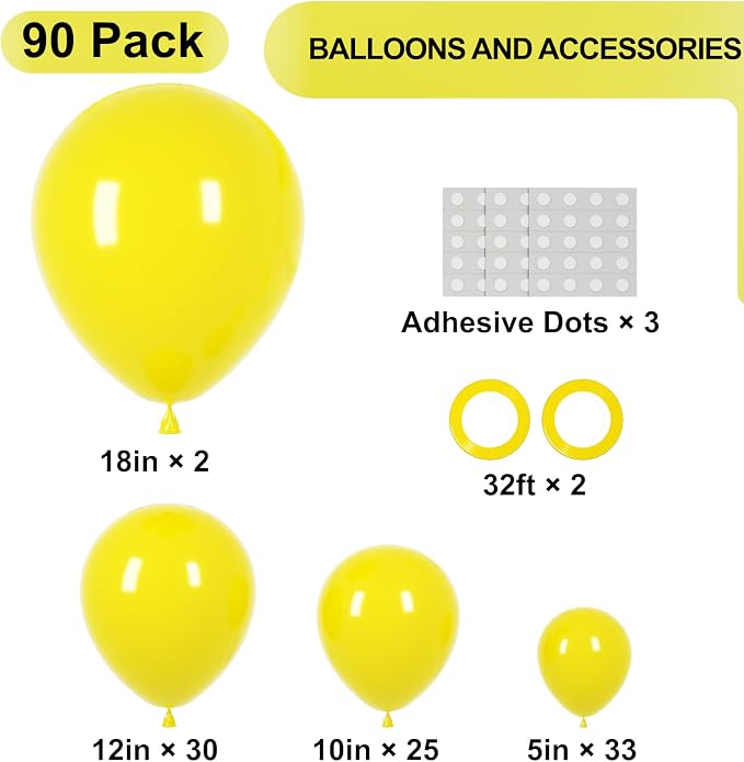 Voircoloria 90pack Yellow Balloons Different Size 18/12/10/5 Inch Yellow Balloon Garland Arch Kit for Graduation, Wedding, Birthday, Baby Shower, Sunflower and Honeybee Theme Party Decorations