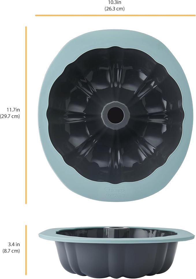 Chicago Metallic Silicone Fluted Cake Pan, 10 Inch Nonstick Bundt Cake Mold, Blue, Wire-Reinforced Rim, Oven Safe to 428F, Flexible Food-Grade Silicone Bakeware