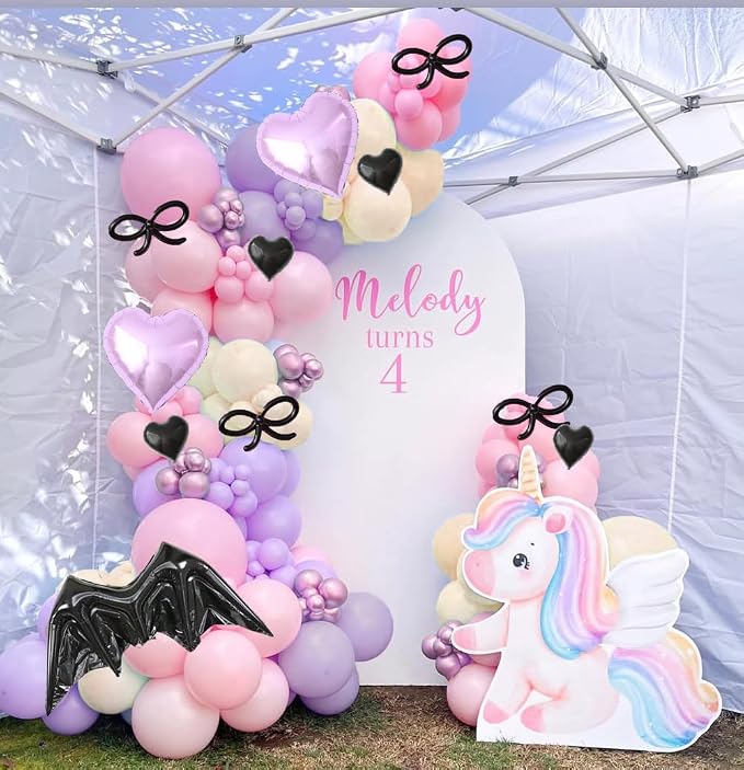 Kawaii Balloon Garland Arch Kit, 152Pcs Pastel Pink and Purple Metallic Purple Balloons with Wearable Wing Heart Star Foil Balloons for Cute Girl Birthday Kawaii Baby Shower Princess Party Decorations