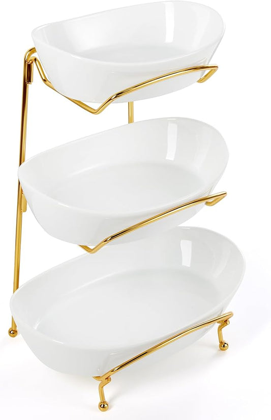 Fruit Bowls for Kitchen Counter, 3 Tier Ceramic Fruit Basket with Serving Bowls Metal Stand, Tiered White Porcelain Bowls for Fruit Vegetable Storage, Snack, Nuts, Cake, Dessert