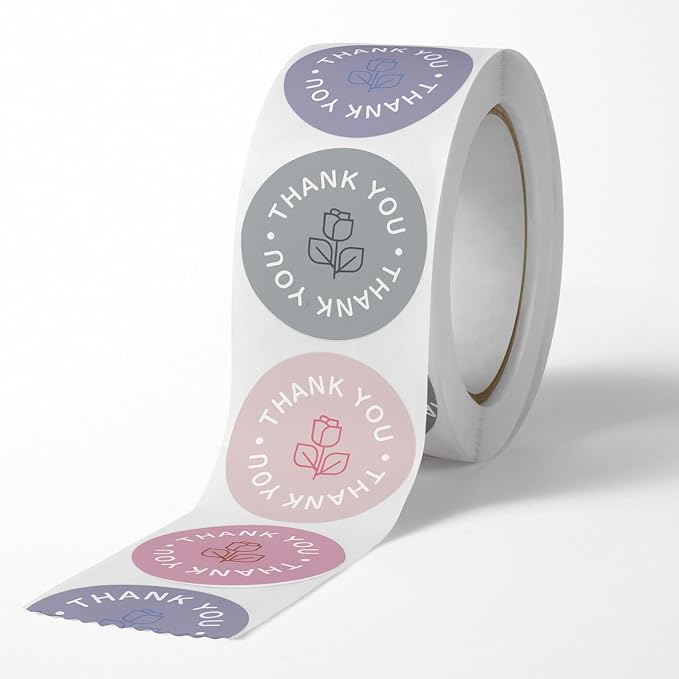 500PCS Thank You Stickers, 1Inch Small Thank You Sticker for Small Business Packaging Roll 8 Colorful Round Labels Stickers for Baking Envelope Seals Gift Wrap Birthday Party Favors (Purple Rose)