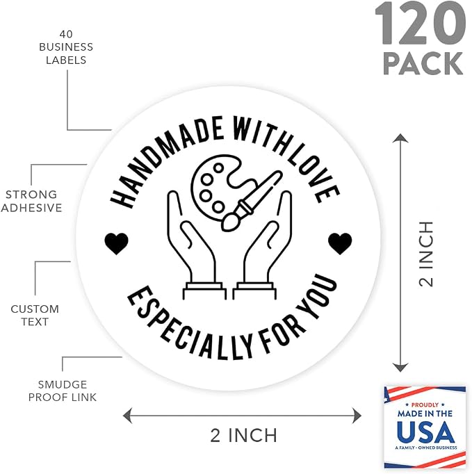 Andaz Press Round Small Business Sticker Labels, 120-Pack, Palette Handmade with Love, Especially for You Wall Art Handmade Stickers for Packaging, Product Labels for Small Business