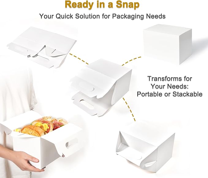Happyhiram 10-Pack Large Gable Boxes White - 9x6x6 Inch Sturdy Cardboard Containers for Gifts, Box Lunches, Cookies, and Birthday Wedding, Welcome Boxes Easy to Assemble with Handles