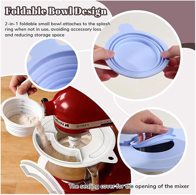 Silicone Mixer Bowl Cover for KitchenAid 4.5–5 Qt Tilt-Head Stand Mixer, Splash Guard Lid with Foldable Measuring Cup & Sealing Plug, Bowl Cover for Dough Proofing & Mixing, KitchenAid Mixer Accessori