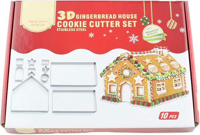3D Christmas Gingerbread House Cookie Cutters Set, FantasyDay 10 Pcs 430 Stainless Steel Cartoon Snowflake Biscuit Cutter Pastry Mold for Holiday Birthday Cake Dough Donut Fondant - Baking Dough Tool
