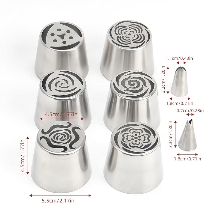10Pcs Extra Large Russian Piping Tips Set, Stainless Steel Rose Flower Nozzles for Cake Decorating, Includes 6 Extra Large Flower Tips, 2 Leaf Tips, 2 Cloth Piping Bags, Baking Tools