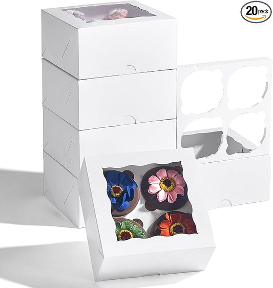 6.2x6.2x3 Inches Cupcake Boxes 20 Pack with Window & 4 Cavity Insert - Versatile Baking Containers for Cupcakes, Cookies & Treats | Holiday, Birthday & Bakery Supplies