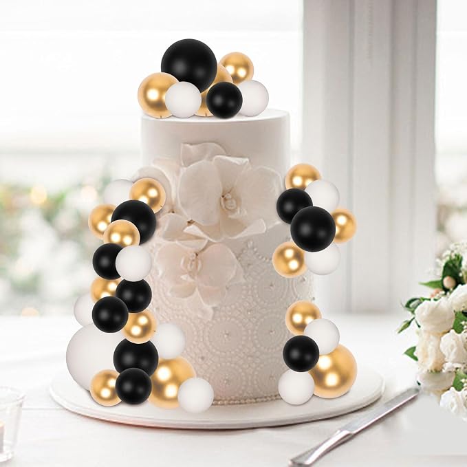 30 PCS Balls Cake Topper DIY Cake Insert Toppers Ball Cake Picks Cupcake Topper for Birthday Party Baby Shower Wedding Cake Decoration(Black Gold White)