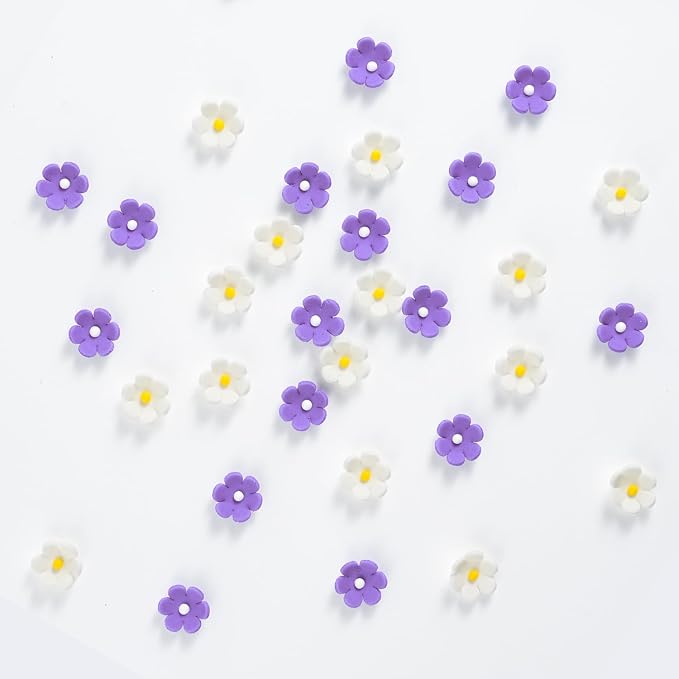 Edible Flowers Cake Decorations 32 Count White & Purple Blossoms Royal Icing Decorations Daisy Sugar Wedding Flowers for Baking Cupcakes Ice Cream Waffles Cookies Birthday Cake
