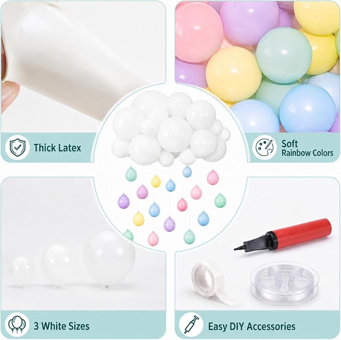 243 Pcs Cloud Balloon Garland Kit, Pastel Rainbow Raindrop Balloons with White Cloud, 5 10 12 Inch Macaron Latex Balloons for Baby Shower Birthday Classroom Rainbow Party Decorations