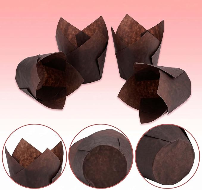 200 Pcs Brown Tulip Cupcake Liners for Baking, Standard Size | Standard Greaseproof Tulip Muffin Liners for Baking, 3oz Brown Paper Cupcake Wrappers for Party Wedding Birthday