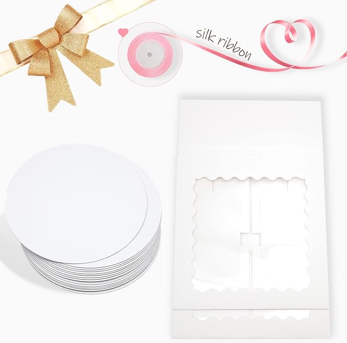 Bakepacker 36pcs 8x8x5 Inches Cake Boxes with Window 18-Packs White 8 Inch Bakery Boxes (18 Cake boxes +18 Cake Boards+10 Meters Silk Ribbon Includes)