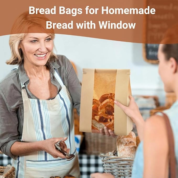 PAICUIKE 100 Pack Large Kraft Paper Bread Bags for Homemade Bread Sourdough Bags 13.7" x 8.2" x 3.5" with Tin Tie Tab Lock Clear Front Window Bakery Bag Packaging Cookie Bag with Label Seal Stickers