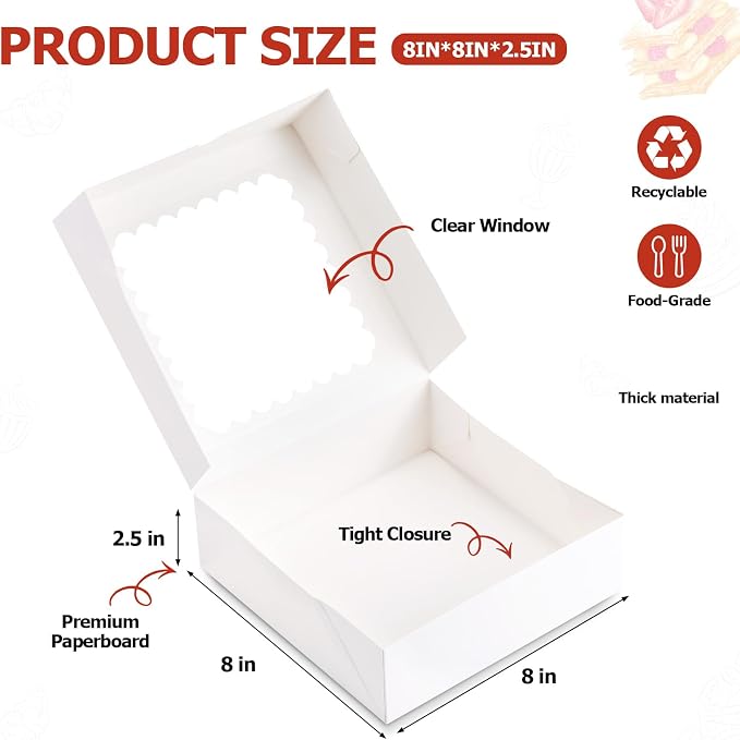 20 Pcs Chocolate Covered Strawberry Boxes with Window, Auto-Pop-Up 8x8x2.5 inches White Treat Boxes for Bakery,Pastry, Cookie, Dessert, Donut and Muffin