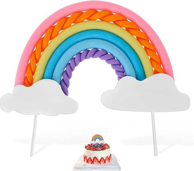 Rainbow Cloud Cake Topper, Soft Pottery Colorful Cupcake Decoration Topper Rainbow Theme Baking Supplies for for Boys Girls Happy Birthday Party Wedding Cake Decorations