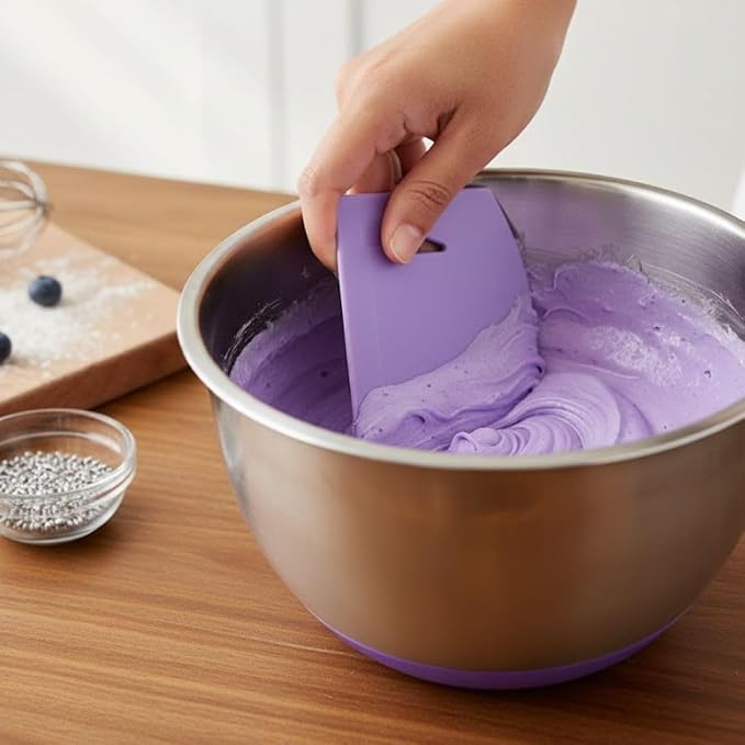 Soro Essentials- 7-1/2" x 4” Dough Scrapers Purple Color Plastic Set of 6- Food Safe Plastic Bowl Scraper Sharp Edge Scraper Bench Scraper Bakeware Decorating Tools Sculpting Modelling Tools