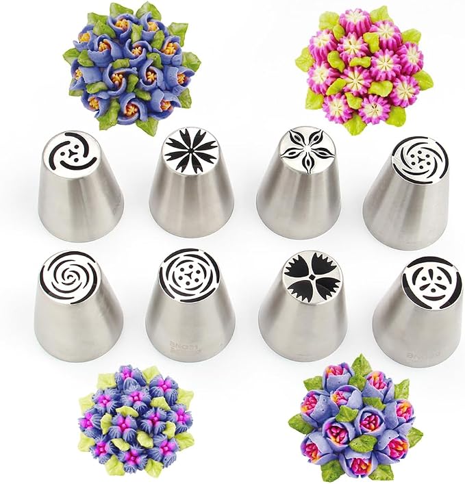 11 Pieces Stainless Steel Icing Tips Set, 8 Medium Russian Tulip Pastry Cupcake Dessert Piping Nozzle,1 Cleaning Brush,1 Ruffle Tip,1 Small Leaf Icing Tip for Cake Decorations