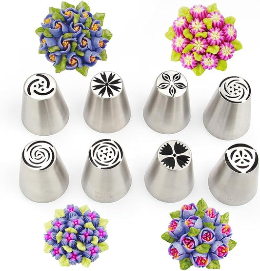 11 Pieces Stainless Steel Icing Tips Set, 8 Medium Russian Tulip Pastry Cupcake Dessert Piping Nozzle,1 Cleaning Brush,1 Ruffle Tip,1 Small Leaf Icing Tip for Cake Decorations