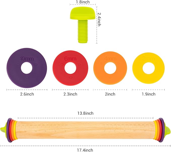 Adjustable Rolling Pin with Thickness Rings, Wooden Dough Roller & 12 Stainless Steel Cookie Cutters Set – 5-in-1 Baking Kit for Pizza, Fondant, Pie, Cookies, Pastry, 17" Non-Stick Wood