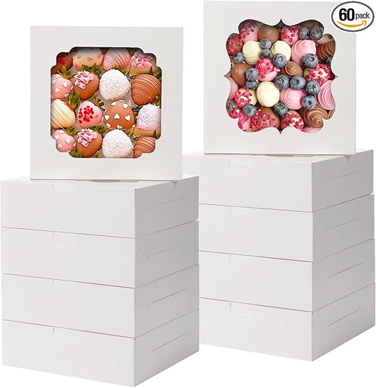 TOMNK 60pcs Cookie Boxes, 8x8x2.5 Inches Bakery Boxes with 2 Style Windows for Chocolate Strawberries, Pie, Pastry, Dessert, Cake, Birthday Party, Mother's Day, Weddings