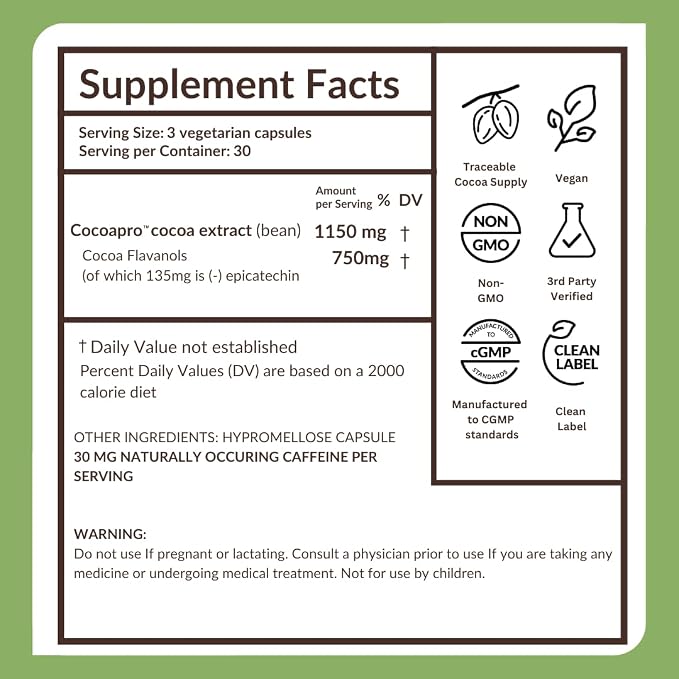 CocoaVia Ultra 750mg Cocoa Flavanols – Heart & Brain Support, Memory & Blood Circulation Booster, High Flavanol Cocoa for Nitric Oxide, Energy & Oxygen Boost, Vegan, Gluten-Free, 30-Day Supply