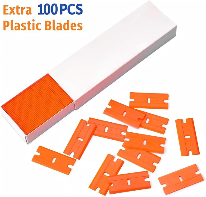8 PCS Plastic Razor Blade Scraper Tool with 100 PCS Extra Blades, Cleaning Scraper Remover for Stickers Lables Paints Adhesives on Window Glass Car