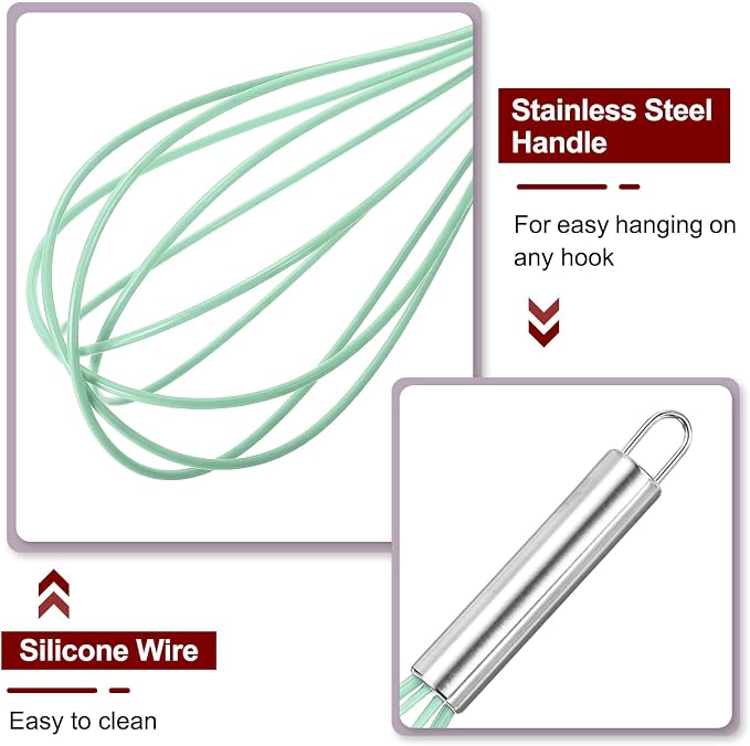 HARFINGTON 5Pcs Silicone Whisk 8" Kitchen Whisk Wire Whisks Beater with Stainless Steel Handle for Egg Milk Whisking Blending Beating & Stirring, Green