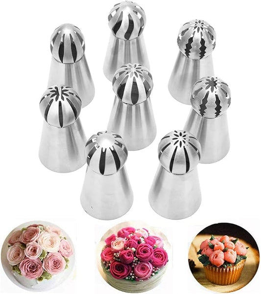 Russian Piping Tips 8 PCS, Youthful Stainless Steel Russian Piping Ball Tips Flower Frosting Icing Piping Nozzles Set Cake Decorating Tips Kit for DIY Baking Cake Decorating Supplies Kit (8 PCS)