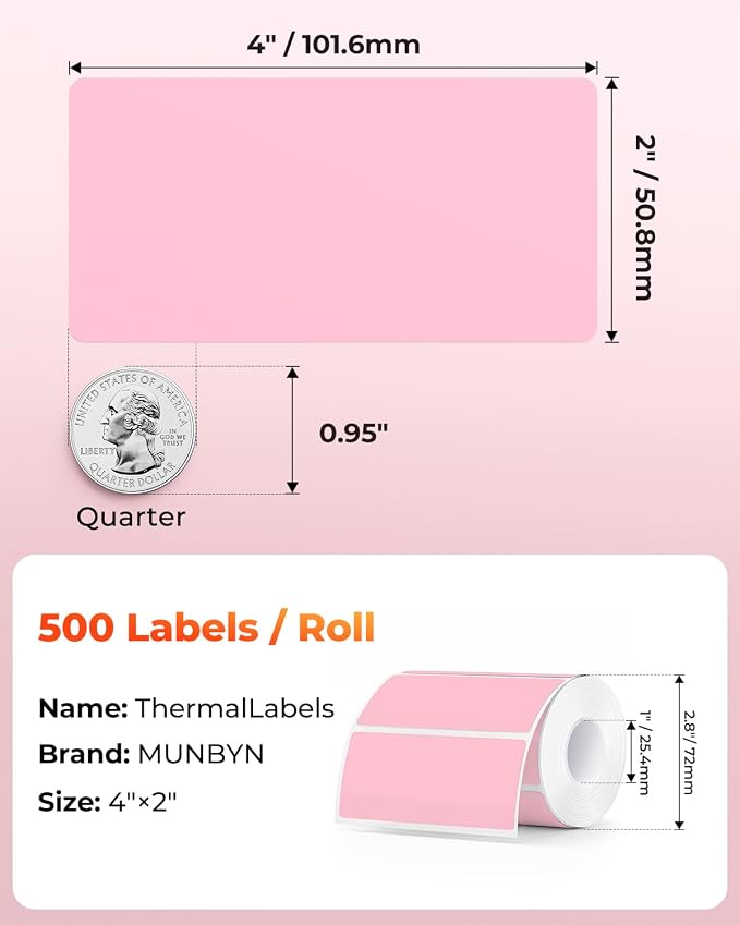 MUNBYN 4” X 2” Direct Thermal Labels, Thermal Printer Stickers, Strong Adhesive & Perforated Labels Paper for Barcode, Mailing, 500 Sheets/1 Roll, Pink