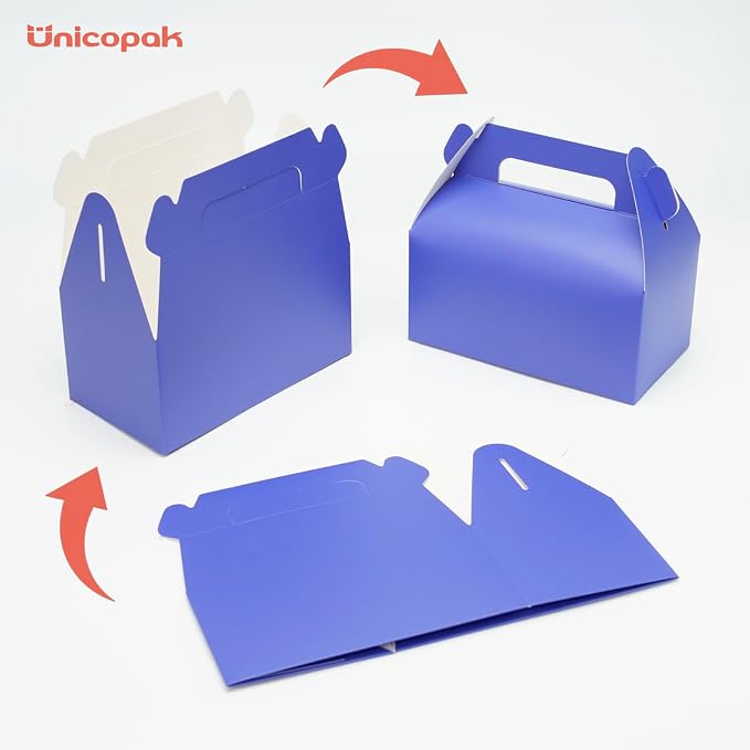 UnicoPak 30 Pack Navy Blue Gable Treat Boxes Party Favor Goodie Bag Boxes for Candy Treats Snacks Cookie Toys for Birthday Party Special Events, 6.5x3.5x3.5 Inches