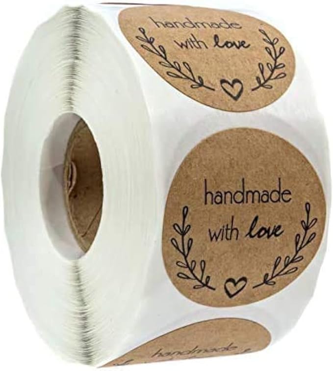 Olive Branch Handmade with Love Stickers / 1.5" Round Brown Kraft Greenery Handmade with Love Canning Crafting Small Business Labels / 500 Homemade Project Decals/Made in The USA