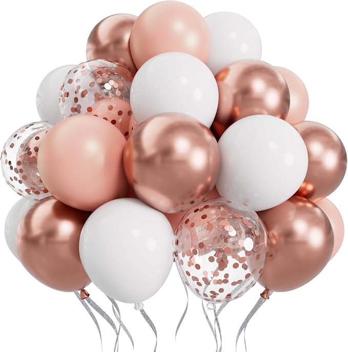 SUWEN 60PCS Metallic Rose Gold Confetti Balloons Set Latex Helium Chrome Rose Gold Balloon for Birthday Wedding Bridal Shower Anniversary Party Decorations