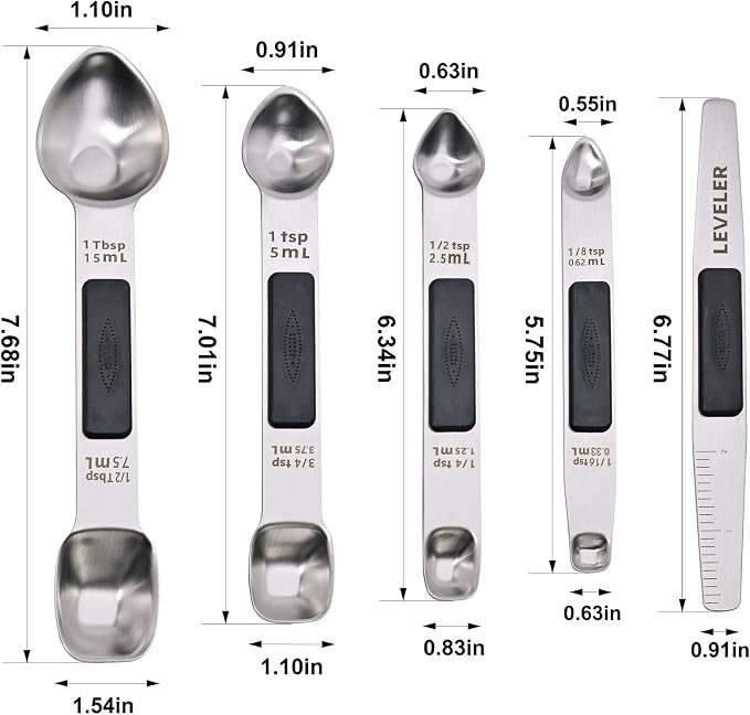 Magnetic Measuring Spoons,Stainless Steel Dual Sided Tablespoons,Extra Long Handle for Deep Jars,Heart-Shaped&Square Heads that More Easier to Excavate,Laser Markings,Non-Slip Grip(set of 5)