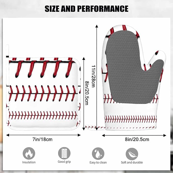 Mxocom Softball Oven Mitts and Pot Holders Sets Baseball Red Lace Over White Background Silicone Heat Resistant Kitchen Oven Gloves Pot Holder for Cooking