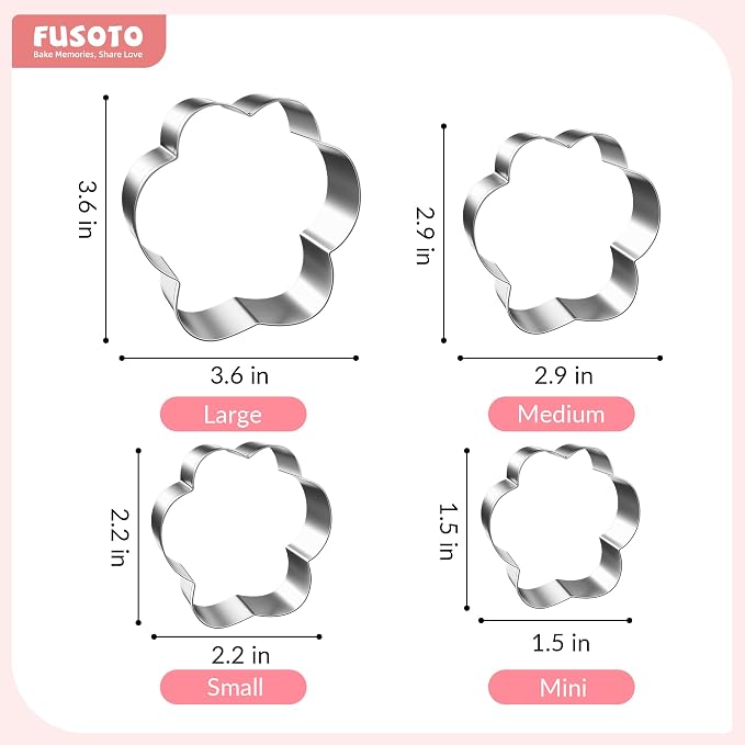 FUSOTO Dog Paw Cookie Cutters Set, Cookie Cutter for Homemade Dog Treat, 4Pcs Stainless Steel Cutters Dog Paw Shape for Cookie Baking, Sandwiches, Biscuits, Fruit, Vegetable