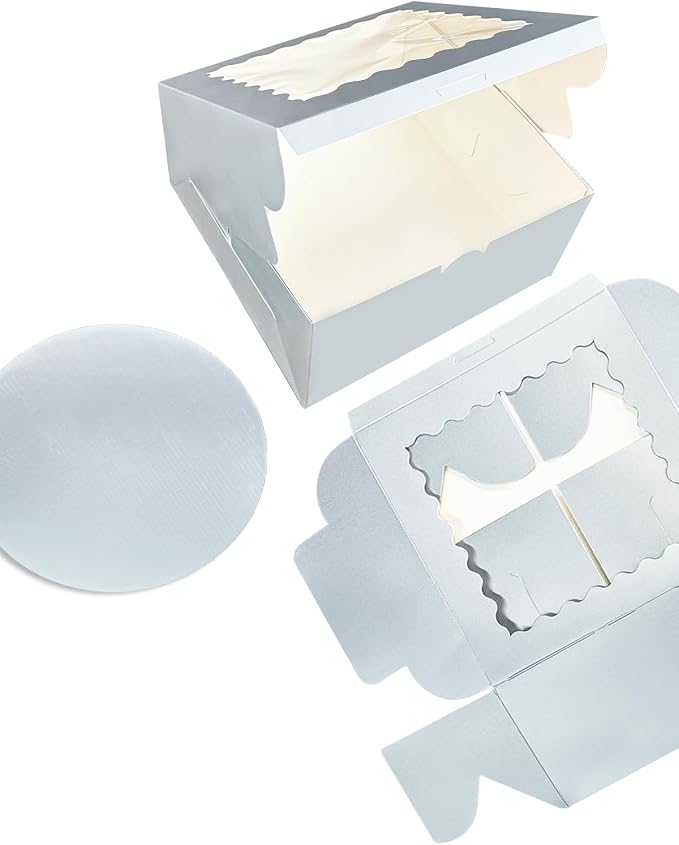 Bakepacker 36pcs 6x6x5 Inches Cake Boxes with Window 18-Packs Silver 6 Inch Bakery Boxes (18 Cake Boxes +18 Cake Boards Included)