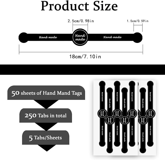 250pcs Handmade Food Baking Seal Stickers, Black Self Adhesive Bakery Stickers, 7.1in Long Strip Tamper-Proof Packaging Sealing Labels for Lollipop Cake Cookie Bread
